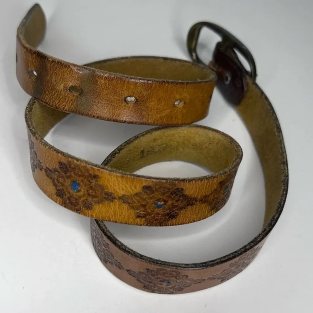 Vintage Tooled Southwest Leather Belt Brass Buckle